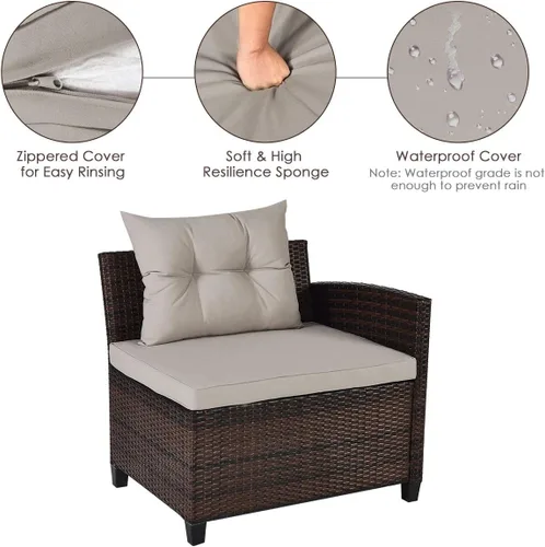 Miniatura 6 de Tangkula - Juego de muebles de patio de 4 piezas en forma de C de mimbre para exteriores, con cojines y mesa de centro con cubierta de cristal