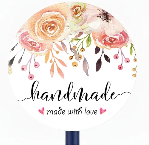 Etiquetas adhesivas florales hechas a mano con amor, etiquetas adhesivas de círculo redondo pequeño de 1.6 pulgadas para pequeñas empresas, embalaje