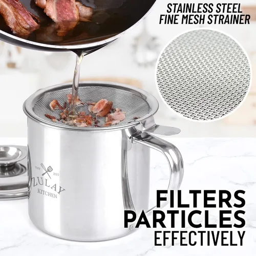 Miniatura 5 de Zulay Recipiente de grasa de tocino con colador, tapa y asa, grande, acero inoxidable de 1 litro, perfecto para cocina, almacenamiento de ghee