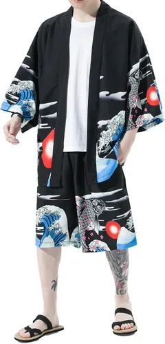 Miniatura 7 de PRIJOUHE Conjunto de kimono de estilo japonés para hombre, ligero, casual, con siete mangas, frente abierto, cárdigan y pantalones cortos