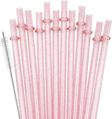 Paquete de 12 pajitas de plástico reutilizables con purpurina, vaso duro de 11 pulgadas de largo con cepillo de limpieza, apto para lavavajillas