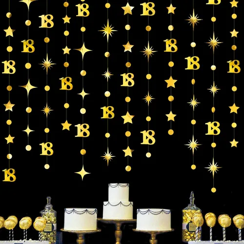 Miniatura 14 de Decoración de cumpleaños número 18 en negro, número 18 con punto circular, guirnalda de estrellas centelleantes, banderines de serpentina metálica