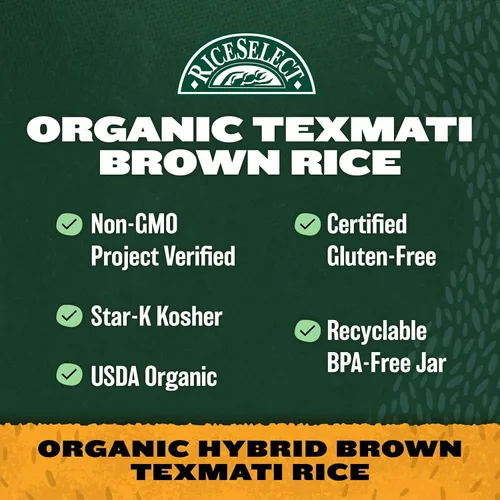 Miniatura 5 de RiceSelect Arroz integral Texmati orgánico, grano largo, grano entero, sin gluten, sin OMG, 32 onzas (paquete de 1 frasco)