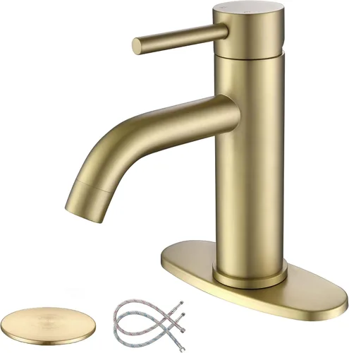 Grifo de baño de un solo agujero dorado cepillado, grifo Senhozi para fregadero de baño, 1 orificio con placa de cubierta de 6 pulgadas, grifo de