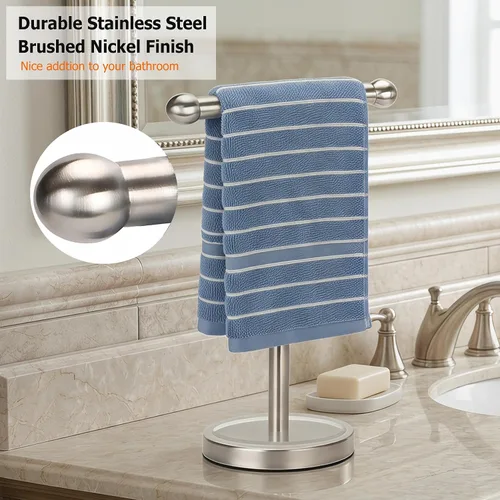 Miniatura 3 de Toallero de mano dorado con base de acero inoxidable pesado, toallero en forma de T, toallero independiente para encimera para baño (oro cepillado)