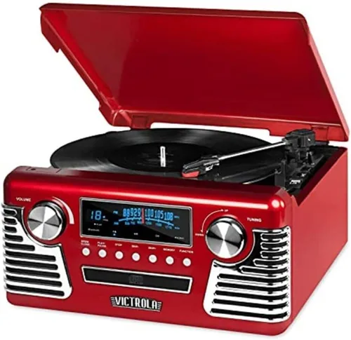 Victrola Haley - Reproductor de discos retro Bluetooth y centro multimedia con altavoces integrados - Tocadiscos de 3 velocidades, reproductor de