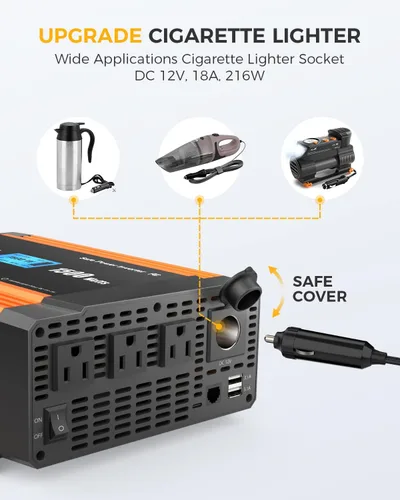 Miniatura 5 de Ampeak Inversor de potencia de 1500 W, 6.2 A, puertos USB duales, 3 salidas AC, inversor de corriente continua de 12 V a CA 110 V, puerto
