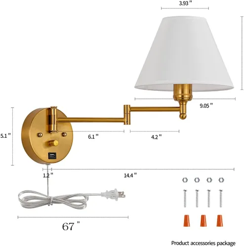 Miniatura 4 de Apliques de pared con brazo oscilante, lámpara de pared enchufable, lámpara de pared para dormitorio, pantalla de tela blanca, con interruptor Dorado