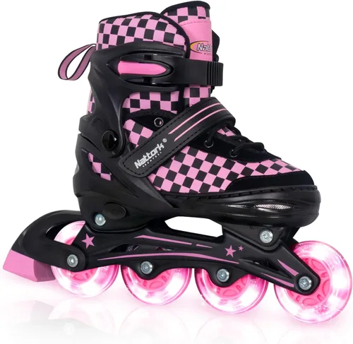 Miniatura 7 de Nattork Patines en línea ajustables para niños y adolescentes, ruedas iluminadoras, patines con diseño de tablero de ajedrez para niños y niñas Azul