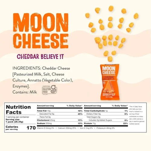 Miniatura 6 de Moon Cheese Cheddar Believe It, 1 onza, paquete de 12, aperitivo de queso crujiente y rico en proteínas, apto para dieta cetogénica, 100% queso real