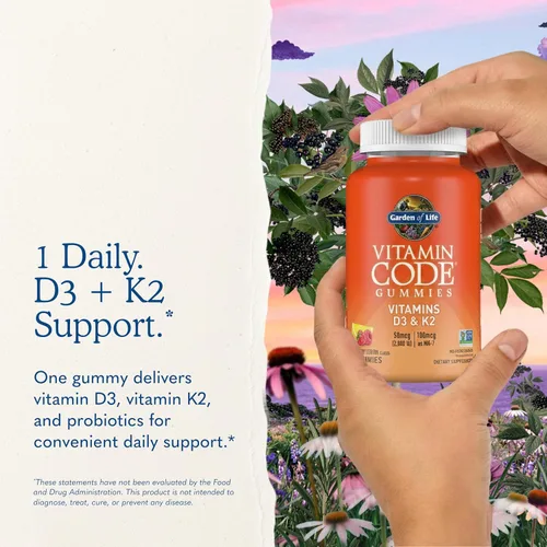 Miniatura 7 de Gomitas Garden of Life Vitamin Code D3 y K2 con prebióticos y probióticos, salud ósea, salud inmunológica y apoyo digestivo, cero azúcar, sin OMG