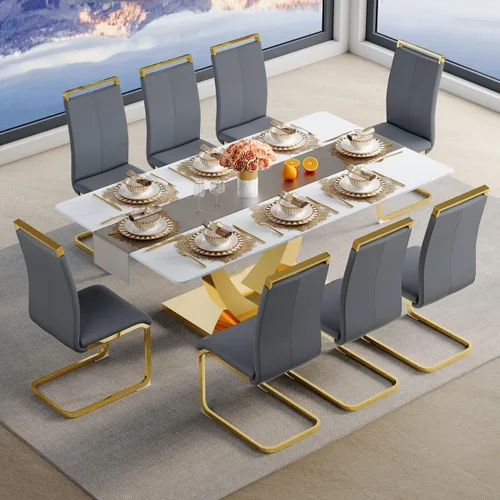 Miniatura 21 de Juego de mesa de comedor para 4, mesa de comedor de mármol sintético de 63 pulgadas con patas y base de acero inoxidable, sillas acolchadas