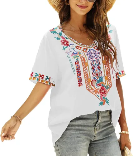 Miniatura 4 de AK Women's V Neck Casual Summer Blouse, Boho Embroidered Mexican Peasant Tops Short Sleeve Shirts Casual Blouse Loose Tunics