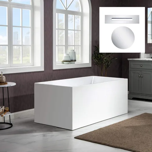 Miniatura 16 de WOODBRIDGE Bañera de acrílico independiente de 67 pulgadas, bañera blanca de remojo contemporáneo con desbordamiento y drenaje de oro cepillado
