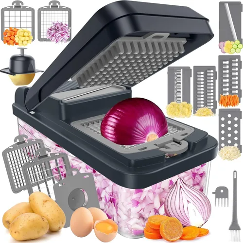 SpaceHacks Picador de verduras 12 en 1, utensilios de cocina con 7 cuchillas, verduras, alimentos, picador de cebolla, rebanador de pepino, Gris