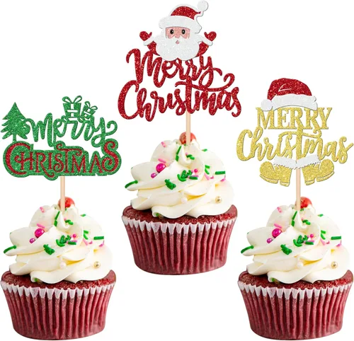 24 piezas de adornos para cupcakes de Navidad dorados verdes y rojos con purpurina, Papá Noel, árbol de Navidad, adornos para cupcakes para el tema