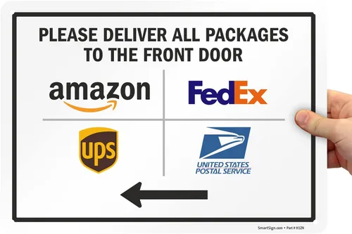 Miniatura 7 de SmartSign Letrero de metal con texto en inglés "Please Deliver All Packages to The Front Door" de 10 x 14 pulgadas, con flecha izquierda y Letrero