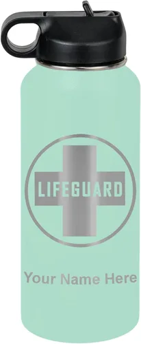 Miniatura 66 de LaserGram Botella de agua personalizada, salvavidas, acero inoxidable de doble pared aislada al vacío con popote superior, regalo grabado Negro