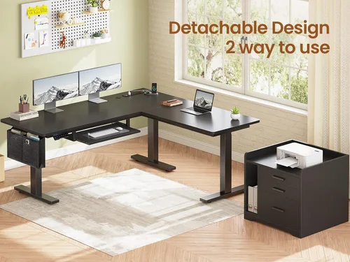 Miniatura 3 de SEDETA Escritorio eléctrico de pie en forma de L con archivador, 63 x 53 pulgadas, escritorio de computadora de oficina en casa ajustable con Negro