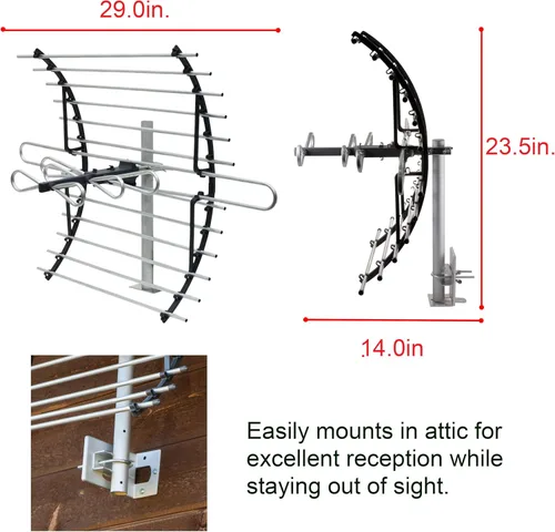 Miniatura 6 de GE 33692 antena HD para montaje en ático, largo alcance, diseño compacto con soporte para canales VHF/UHF, rango de 60 millas