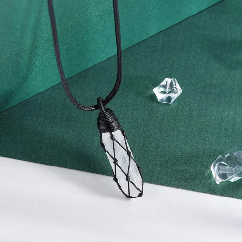 Miniatura 2 de Black Obsidian Healing Crystal Points Necklace Adjustable Rope Hexagonal Wrapped Braided Stone Pendant Necklace Handmade Gemstone Jewelry for Men