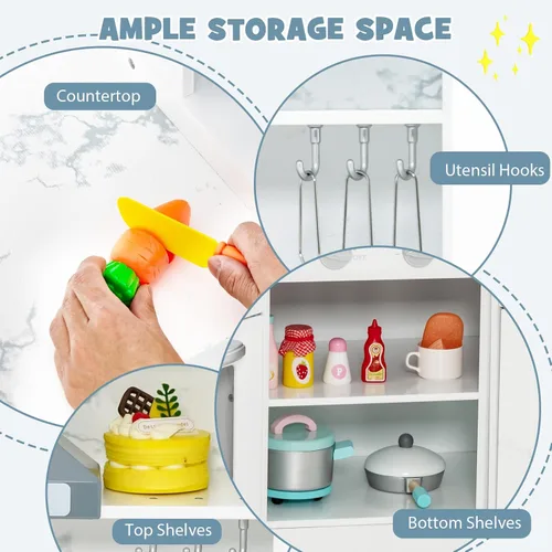 Miniatura 7 de Costzon Juego de cocina para niños, 2 piezas de juguete de cocina con luz, sonido, lavabo, microondas, pizarra, máquina de hielo, campana Blanco