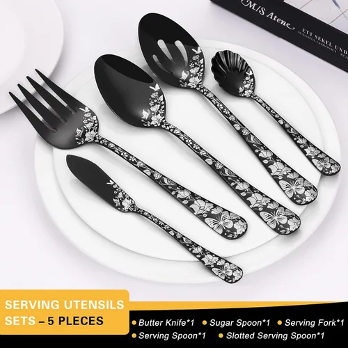 Miniatura 3 de Stapava - Juego de cubiertos negros de 53 piezas con utensilios para servir, juego de cubiertos para 8, cubiertos de acero inoxidable, juego