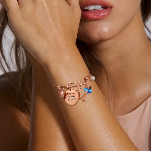 Miniatura 4 de Pulseras con dije de mariposa para mujer brazalete extensible con mensaje inspirador en inglés Be Your Own Kind of Beautiful joyería personalizada