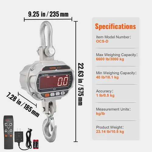 Miniatura 7 de VEVOR Báscula digital para grúa, 6600 lbs/3000 kg, báscula industrial resistente para colgar con control remoto, carcasa de aluminio fundido
