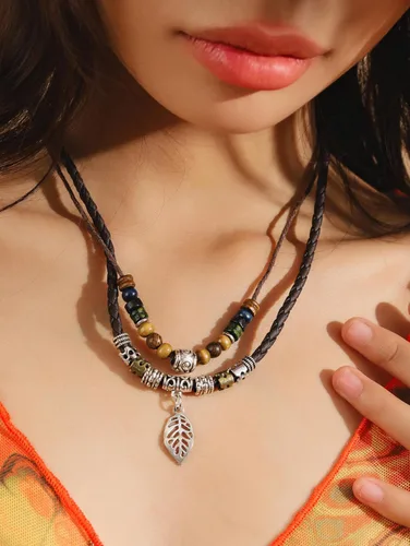 Miniatura 4 de MINACHI Layered Boho Wood Bead Choker Necklace, Hollow Flower Charm, Personality Jewelry for Men and Women