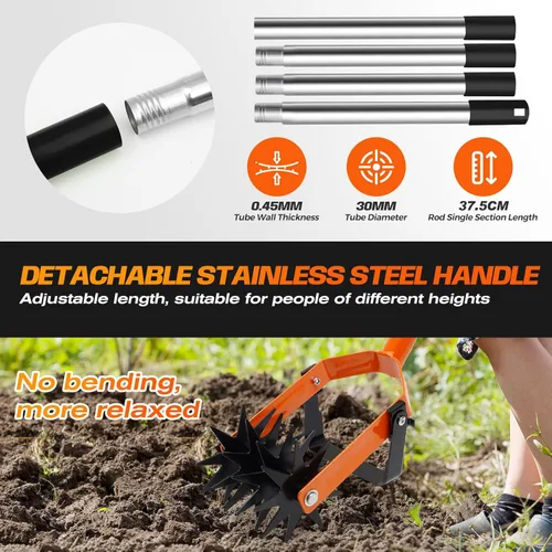 Miniatura 5 de Herramienta cultivadora giratoria de 72 pulgadas, cultivador manual para jardinería, cultivador de jardín 2 en 1 con mango ajustable para aflojar