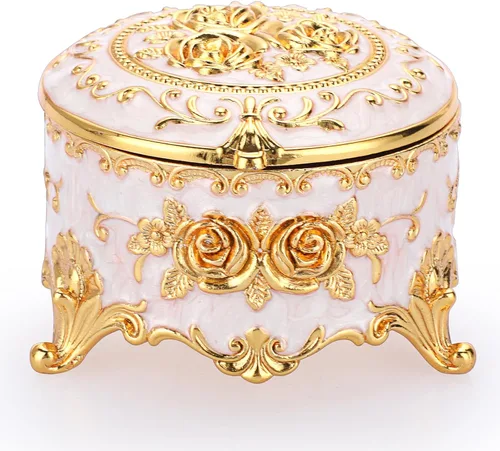 Hipiwe Joyero redondo vintage pequeño organizador de almacenamiento de baratijas, caja de metal dorado para anillos en el pecho, caja del tesoro,