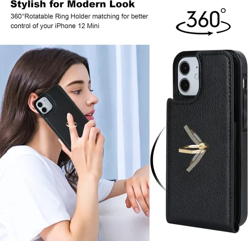 Miniatura 3 de Folosu Funda compatible con iPhone 12 Mini con soporte para tarjetas, rotación de 360°, soporte de anillo de dedo con función atril, protección