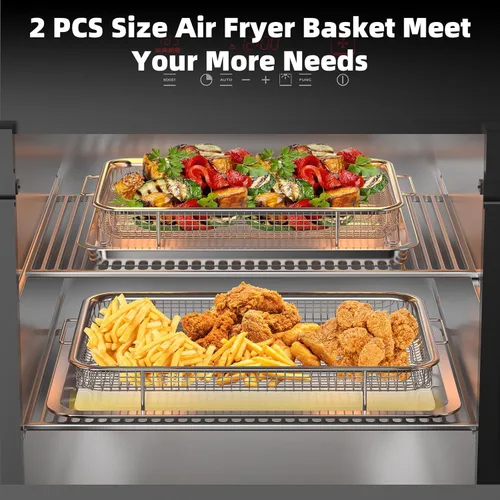 Miniatura 6 de Cesta de freidora de aire para horno, 2 juegos de bandeja y sartén de freidora de aire con 60 piezas de papel pergamino, sartén de freidora de aire