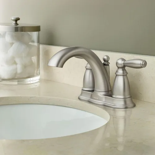 Miniatura 6 de Moen Brantford de níquel cepillado - Grifo de baño de arco bajo con dos manijas, montaje tradicional de centro con desagüe, 6610BN