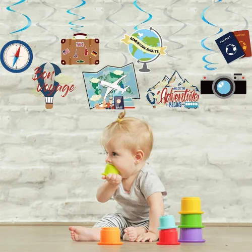 Miniatura 5 de 30 decoraciones de fiesta de espirales colgantes con temática de viaje, suministros de fiesta para fiesta de cumpleaños, fiesta de jubilación