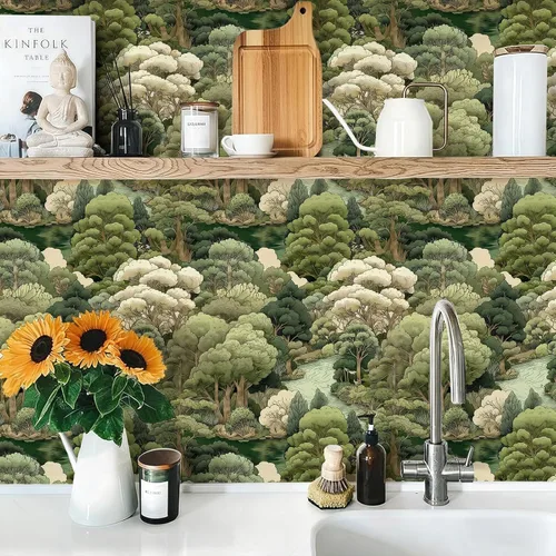 Miniatura 3 de Papel Tapiz de Bosque Vintage Despegar y Pegar Removible Naturaleza Botánico Árbol Río 17.7" x 118.11" Papel de Pared Acuarela Autoadhesivo Papel