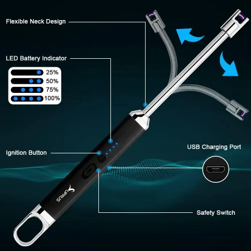 Miniatura 2 de SUPRUS Encendedor USB recargable de arco eléctrico con interruptor de seguridad, cuello flexible de 360°, parrilla sin llama, encendedores largos
