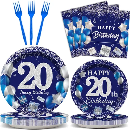 96 piezas de suministros para fiesta de cumpleaños de 20 años, platos de cumpleaños azul marino y plateado, vajilla de papel para cumpleaños de 20