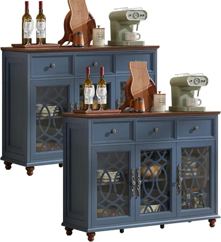 Miniatura 14 de Joaxswe Aparador de estilo rústico con almacenamiento, credenza grande de 59 pulgadas con 4 puertas de vidrio y 2 cajones, estantes ajustables, mesa