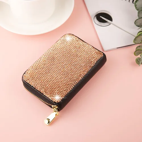 Miniatura 3 de AsAlways Funda con cremallera multicapa con diamantes de imitación RFID, cartera pequeña delgada para mujer, Oro, Moderno