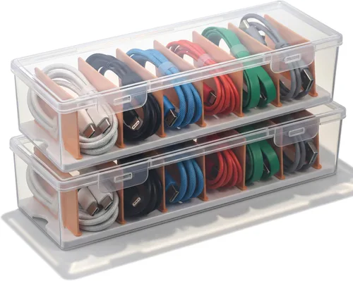 COMNICO Caja organizadora de cables con tapa, organizador de cables de plástico transparente, organizador de escritorio, organizador de cables de