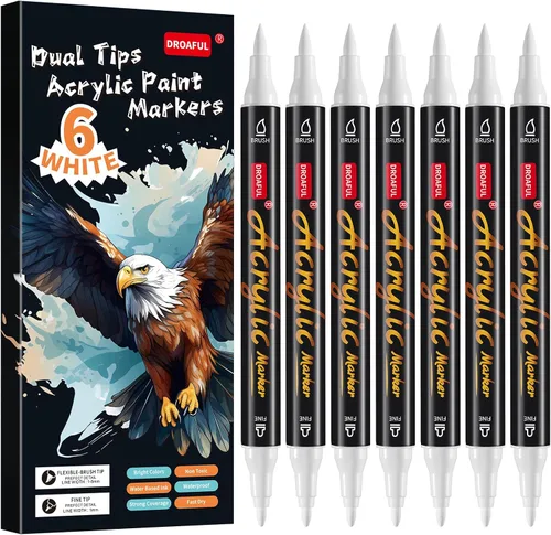 Miniatura 7 de Droaful Marcadores de Pintura Acrílica Blanco Negro, 6 Piezas Marcadores de Pintura Impermeables de Doble Punta Para Pintura en Rocas, Tela, Metal