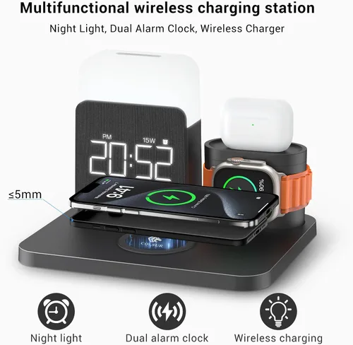 Miniatura 6 de Estación de carga 7 en 1 para iPhone, estación de carga inalámbrica, reloj despertador, luz nocturna, cargador inalámbrico para iPhone 17 16 15 14
