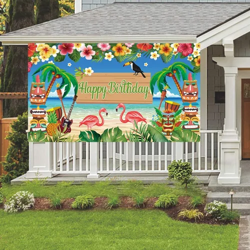 Miniatura 7 de KYMY Cartel grande hawaiano de Luau con texto en inglés "Happy Birthday", cartel de cumpleaños floral de verano con flamenco tropical de 70.8 x 43.3