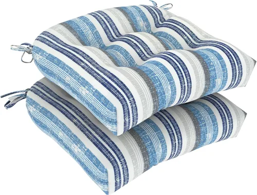 Miniatura 17 de DYTXIII Juego de 2 cojines para sillas de exterior de 19 x 19 x 4 pulgadas, cojines de asiento de patio copetudos repelentes al agua con lazos