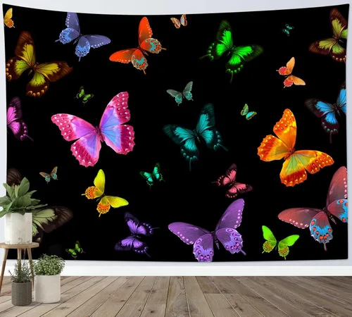 Miniatura 5 de LB Tapiz de mariposa Trippy para colgar en la pared, manta de tapiz estético psicodélico negro, decoración de pared de insectos de polilla colorida