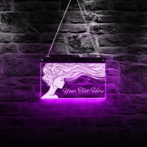 The Geeky Days Señora de pelo largo salón de belleza peluquería LED personalizado multicolor cambiante luz pared signo Rmote control iluminado