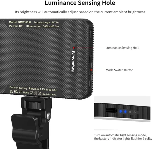 Miniatura 2 de Newmowa Luz negra recargable para selfie, video de clip portátil para teléfono/portátil/cámara con sensor inteligente, 3 modos, batería de 2000 mAh