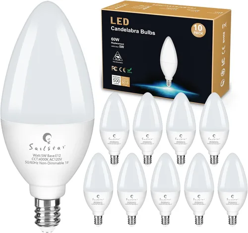 Miniatura 11 de Bombillas LED E12 de Sailstar, equivalentes a 60 W, 500 lúmenes, bombillas de luz para ventilador de techo, blanco suave 2700 K, tipo B, bombilla
